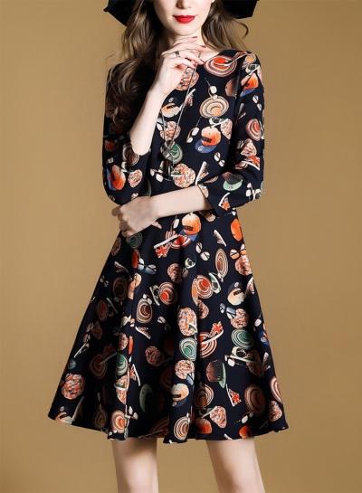 Oasap Round Neck Three Quarter Length Sleeve Floral Printed Midi Dress