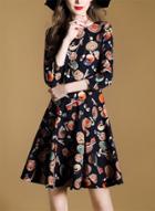 Oasap Round Neck Three Quarter Length Sleeve Floral Printed Midi Dress