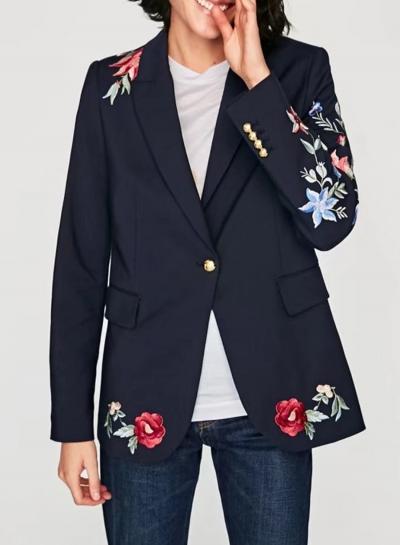 Oasap Long Sleeve Floral Embroidery Single Button Blazer