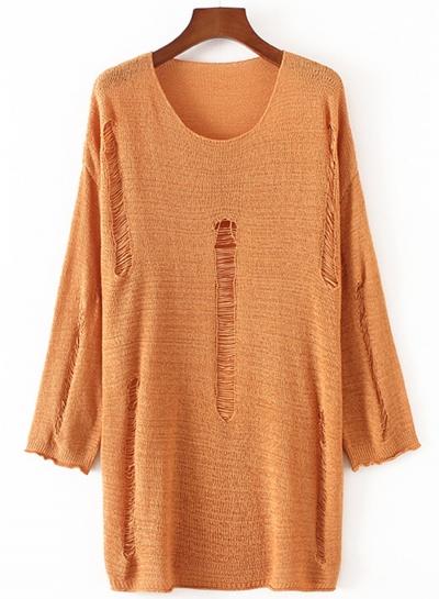 Oasap Scoop Neck Long Sleeve Ripped Knit Sweater