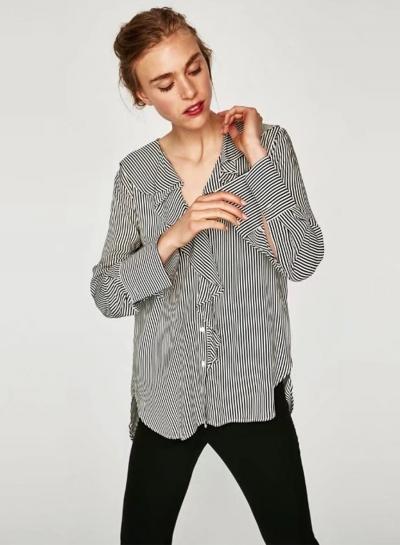 Oasap Striped V Neck Long Sleeve Ruffle Button Down Shirt