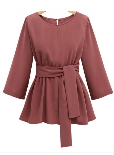 Oasap Round Neck Solid Color 3/4 Sleeve Blouse With Belt