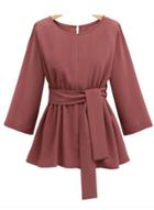 Oasap Round Neck Solid Color 3/4 Sleeve Blouse With Belt