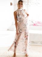 Oasap Halter Backless Slit Floral Printed Maxi Dress