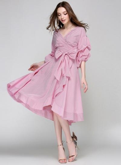 Oasap Fashion Striped V Neck Bow Waist Midi Dress