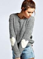 Oasap Heathered Heart Patch Pullover Knit Sweater