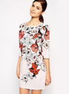 Oasap Vintage Round Neck Floral Print 3/4 Sleeve Mini Dress