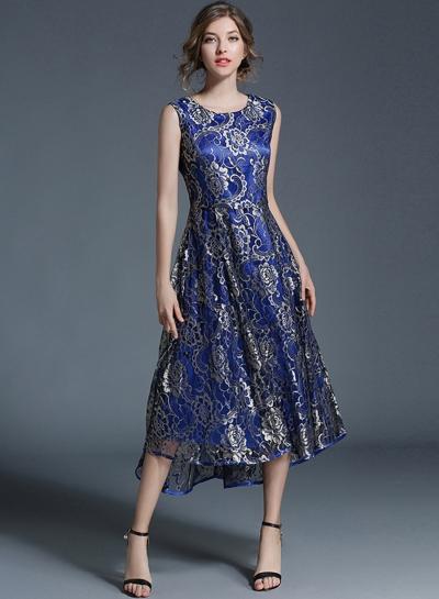 Oasap Round Neck Floral Print Midi Dress