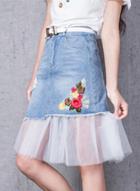 Oasap Fashion Floral Embroidery Mesh Denim Skirt