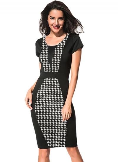 Oasap Short Sleeve Houndstooth Bodycon Midi Dress