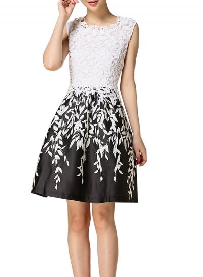 Oasap Women's Floral Lace Trim Round Neck Sleeveless A-line Dress