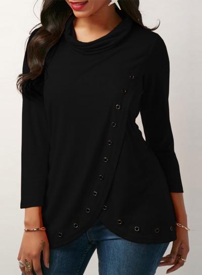 Oasap High Neck Long Sleeve Eyelet Detail Knit Tee Shirt