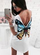 Oasap Short Sleeve Butterfly Printed Chain T-shirt Top