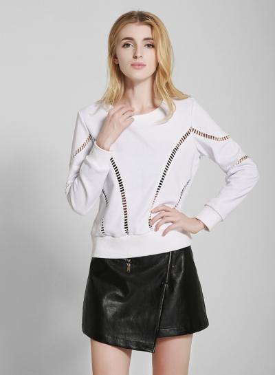 Oasap Round Neck Long Sleeve Hollow Out Solid Color Sweatshirt