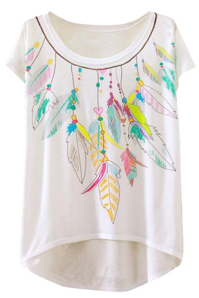 Oasap Chic Feather Pattern High Low Loose Fit Tee