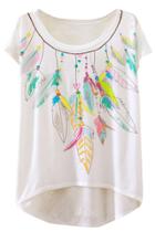 Oasap Chic Feather Pattern High Low Loose Fit Tee