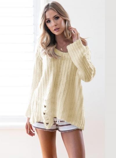 Oasap Solid Long Sleeve Loose Fit Ripped Sweater