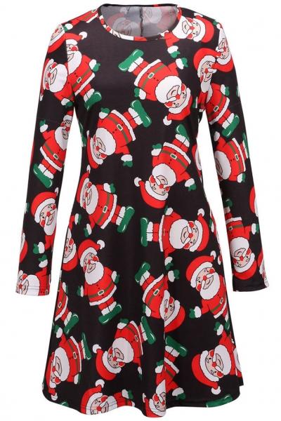Oasap Cute Round Neck Long Sleeve Cartoon Santa Claus Printing Mini Dress