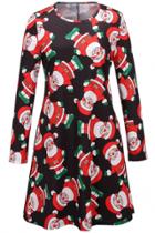 Oasap Cute Round Neck Long Sleeve Cartoon Santa Claus Printing Mini Dress