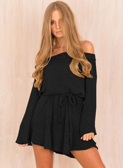 Oasap Fashion Off Shoulder Long Sleeve Sweater Dress With Belt