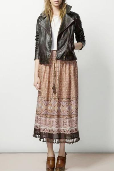 Oasap Vintage Printing Fringe Hem High Waist Skirt