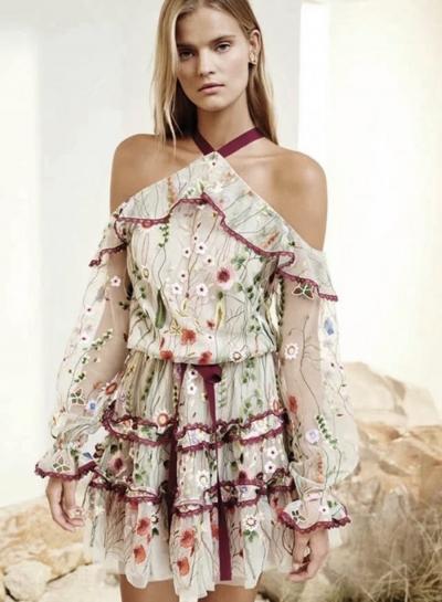 Oasap Off Shoulder Long Sleeve Floral Embroidery Mesh Romper