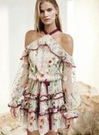 Oasap Off Shoulder Long Sleeve Floral Embroidery Mesh Romper