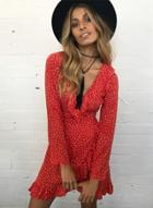 Oasap V Neck Long Sleeve Polka Dot Ruffle Dress