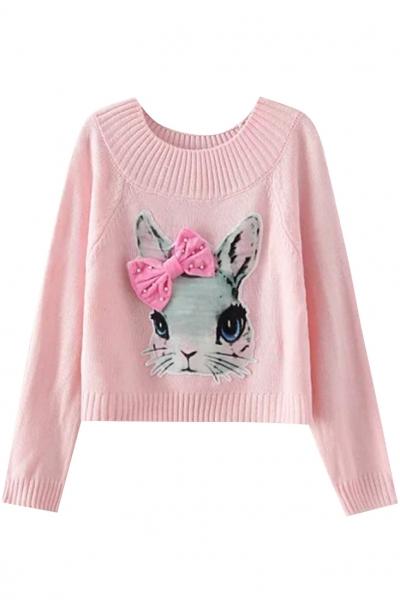 Oasap Cartoon Rabbit Pattern Bow Decor O Neck Sweater