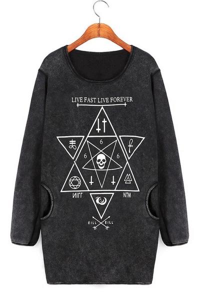 Oasap Hexagram Graphic Wash Sweatshirt