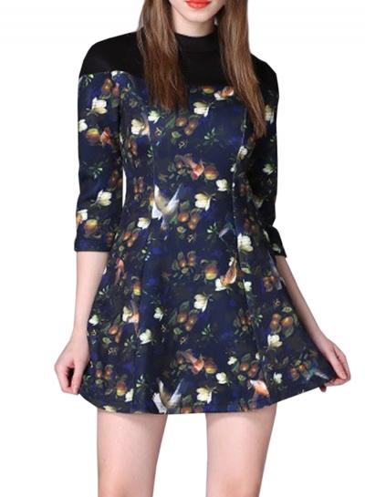 Oasap Women's Fashion 3/4 Sleeve Floral Print Mini Fit Flare Dress
