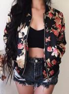 Oasap Flora Printed Band Collar Long Sleeve Zipper Jacket