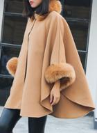 Oasap Solid Color Long Sleeve Cloak Design Coat With Fur Trim