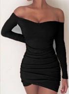 Oasap Off Shoulder Long Sleeve Ruched Bodycon Mini Dress