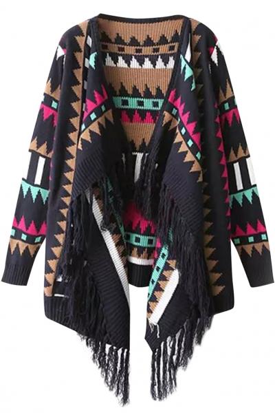 Oasap Geo Fringed Knite Cape Cardigan