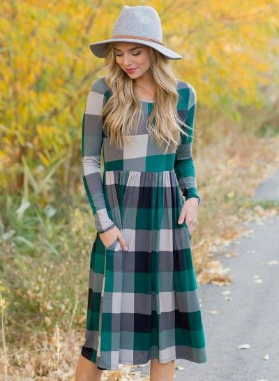 Oasap Round Neck Long Sleeve High Waist Plaid Midi Dress