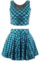 Oasap Fish Scale Print Crop Top Mini Skirt Matching Sets