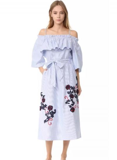 Oasap Blue Floral Embroidery Slim Dress