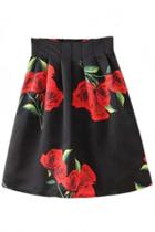 Oasap Red Rose Print Black Pleated Swing Skirt