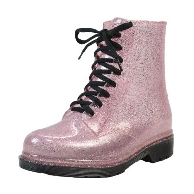 Oasap Color Block Round Toe Lace Up Shining Rain Boots