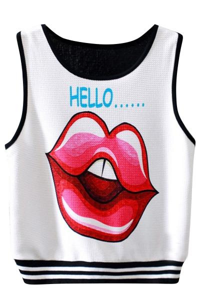Oasap Fashion Lip Print Color Block Stripe Tank