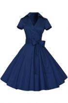 Oasap Chic Stand Collar Bow Waist A-line Dress