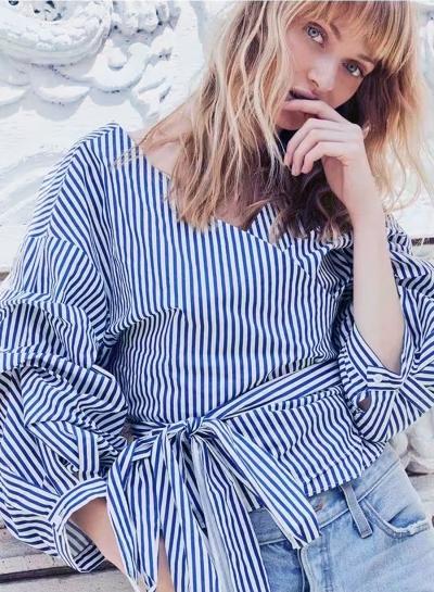 Oasap Striped 3/4 Sleeve V Neck Tie Waist Stripe Blouse