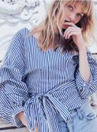 Oasap Striped 3/4 Sleeve V Neck Tie Waist Stripe Blouse