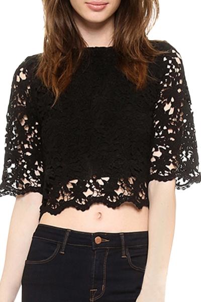 Oasap Women Hollow Out Floral Lace Scalloped Trim Crop Top