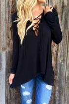 Oasap Solid Color Lace-up Front Long Sleeve Hooded Tee