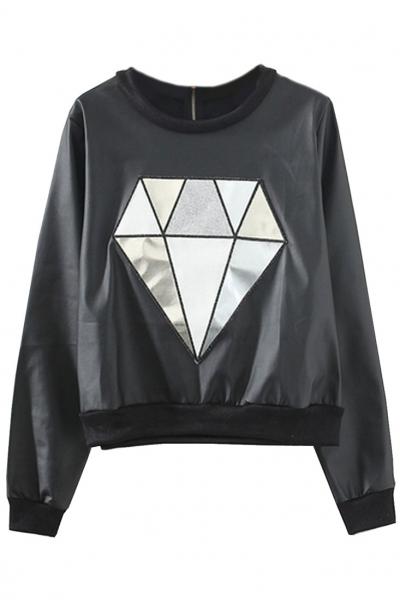 Oasap Geo Diamond Cropped Pu Sweatshirt