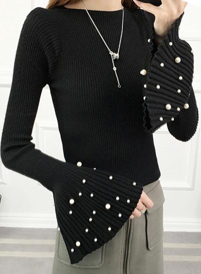 Oasap Fashion Flare Sleeve Pearls Slim Fit Sweater
