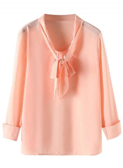 Oasap Women's Casual Solid Color Long Sleeve Tie Collar Pullover Blouse