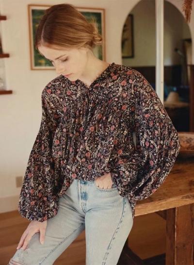 Oasap Floral Long Sleeve Loose Fit Blouse